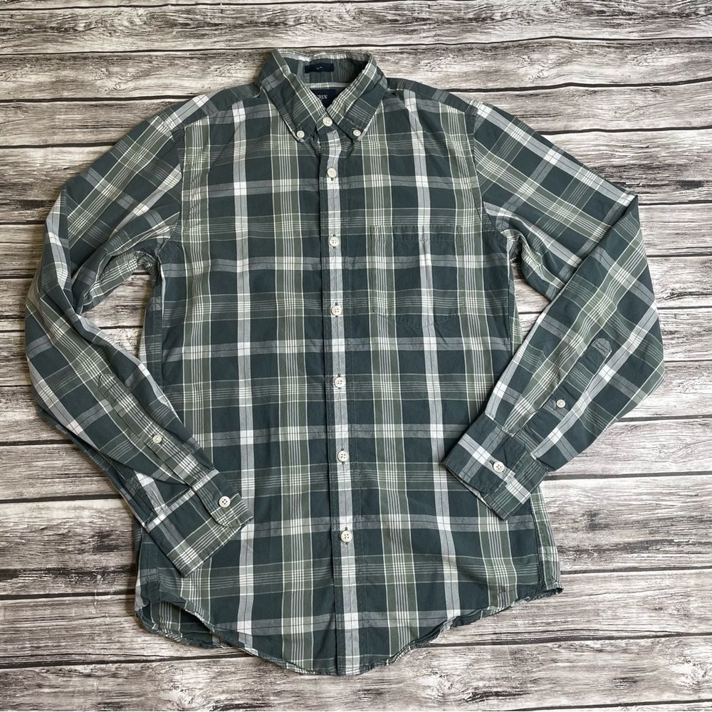 Men's J. Crew Factory XS Plaid Button Down Shirt Dark Moss Green Ivory